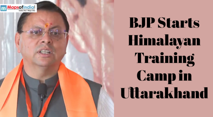 BJP Starts Himalayan Training Camp in Uttarakhand Political leader speaking at an event with text about BJP’s Himalayan training camp in Uttarakhand.