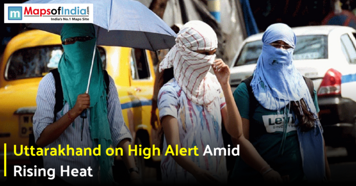 Three people with faces covered walking outdoors under an umbrella during a heatwave.