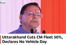 Uttarakhand Cuts CM Fleet 50%, Declares No Vehicle Day Uttarakhand Chief Minister speaking at an event with text about reducing the CM fleet and declaring No Vehicle Day.