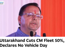 Uttarakhand Chief Minister speaking at an event with text about reducing the CM fleet and declaring No Vehicle Day.