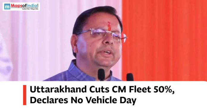 Uttarakhand Chief Minister speaking at an event with text about reducing the CM fleet and declaring No Vehicle Day.