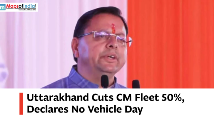 Uttarakhand Cuts CM Fleet 50%, Declares No Vehicle Day Uttarakhand Chief Minister speaking at an event with text about reducing the CM fleet and declaring No Vehicle Day.