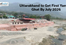 Uttarakhand to Get First Yamuna Ghat By July 2026 View of the newly developed Yamuna Ghat in Uttarakhand with riverbank structures, mountains, and text announcing completion by July 2026.