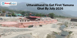 Uttarakhand to Get First Yamuna Ghat By July 2026 View of the newly developed Yamuna Ghat in Uttarakhand with riverbank structures, mountains, and text announcing completion by July 2026.