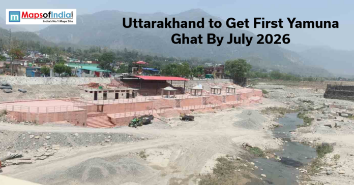 View of the newly developed Yamuna Ghat in Uttarakhand with riverbank structures, mountains, and text announcing completion by July 2026.