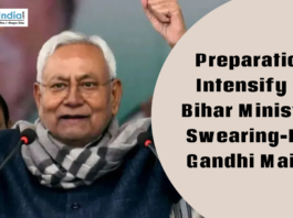 Bihar CM Nitish Kumar addressing a public event as preparations begin for ministers’ swearing-in ceremony at Gandhi Maidan