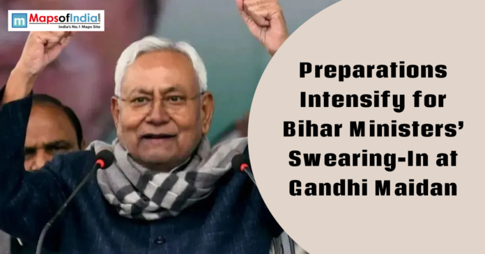 Bihar CM Nitish Kumar addressing a public event as preparations begin for ministers’ swearing-in ceremony at Gandhi Maidan