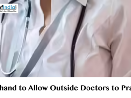 Close-up of a doctor with a stethoscope and text reading "Jharkhand to Allow Outside Doctors to Practice" with the Maps of India logo.