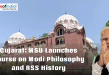 Gujarat: MSU Launches Course on Modi Philosophy and RSS History Maharaja Sayajirao University building in Gujarat with an image of Narendra Modi, highlighting launch of course on Modi philosophy and RSS history
