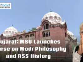 Maharaja Sayajirao University building in Gujarat with an image of Narendra Modi, highlighting launch of course on Modi philosophy and RSS history