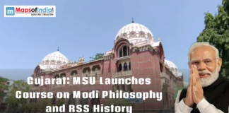 Gujarat: MSU Launches Course on Modi Philosophy and RSS History Maharaja Sayajirao University building in Gujarat with an image of Narendra Modi, highlighting launch of course on Modi philosophy and RSS history