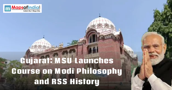 Maharaja Sayajirao University building in Gujarat with an image of Narendra Modi, highlighting launch of course on Modi philosophy and RSS history
