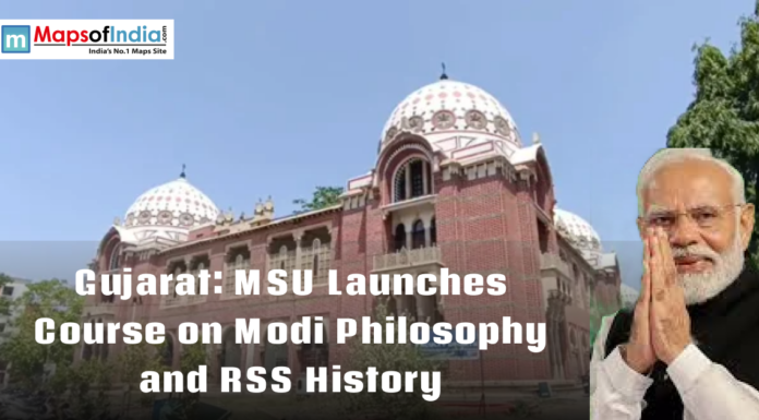 Gujarat: MSU Launches Course on Modi Philosophy and RSS History Maharaja Sayajirao University building in Gujarat with an image of Narendra Modi, highlighting launch of course on Modi philosophy and RSS history