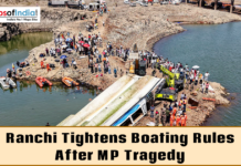 Ranchi Tightens Boating Rules After MP Tragedy Rescue teams and crowd gathered near a capsized boat at a lakeside site as authorities respond to a tragedy