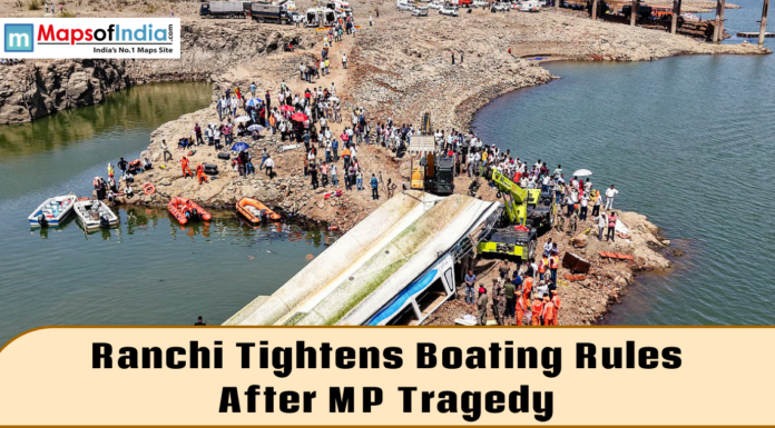 Ranchi Tightens Boating Rules After MP Tragedy Rescue teams and crowd gathered near a capsized boat at a lakeside site as authorities respond to a tragedy