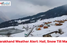 Uttarakhand Weather Alert: Hail, Snow Till May 5 Snow-covered village and hills in Uttarakhand with text “Weather Alert: Hail, Snow Till May 5”