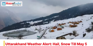 Uttarakhand Weather Alert: Hail, Snow Till May 5 Snow-covered village and hills in Uttarakhand with text “Weather Alert: Hail, Snow Till May 5”