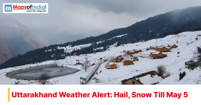 Snow-covered village and hills in Uttarakhand with text “Weather Alert: Hail, Snow Till May 5”