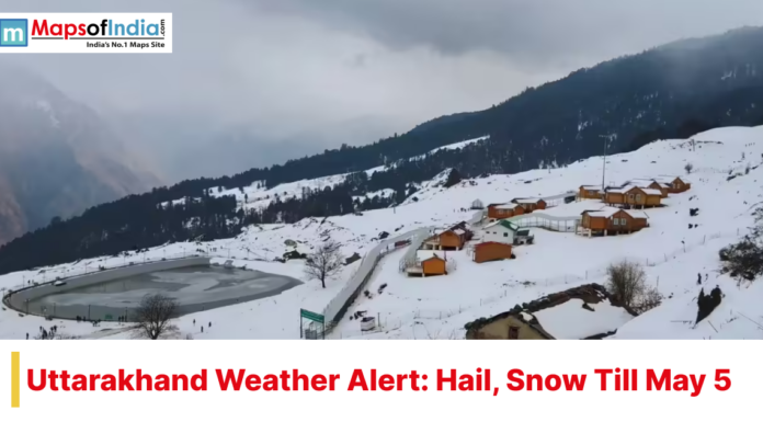 Uttarakhand Weather Alert: Hail, Snow Till May 5 Snow-covered village and hills in Uttarakhand with text “Weather Alert: Hail, Snow Till May 5”