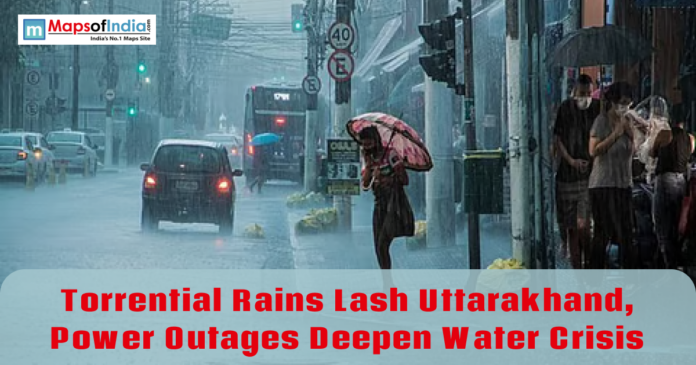 Heavy rainfall floods a city street as pedestrians use umbrellas and vehicles move through waterlogged roads in Uttarakhand