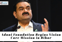 Adani Foundation Begins Vision Care Mission in Bihar Business leader Gautam Adani speaking at an event, with text highlighting the Adani Foundation's vision care mission initiative in Bihar.