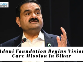 Adani Foundation Begins Vision Care Mission in Bihar Business leader Gautam Adani speaking at an event, with text highlighting the Adani Foundation's vision care mission initiative in Bihar.