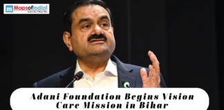 Adani Foundation Begins Vision Care Mission in Bihar Business leader Gautam Adani speaking at an event, with text highlighting the Adani Foundation's vision care mission initiative in Bihar.