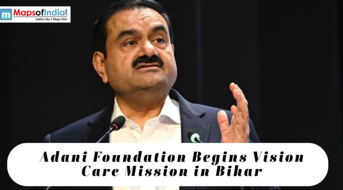Adani Foundation Begins Vision Care Mission in Bihar Business leader Gautam Adani speaking at an event, with text highlighting the Adani Foundation's vision care mission initiative in Bihar.