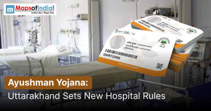 Ayushman Yojana health card with hospital background representing Uttarakhand healthcare services and new hospital rules.