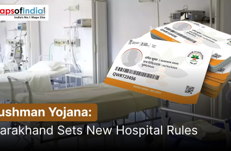 Ayushman Yojana health card with hospital background representing Uttarakhand healthcare services and new hospital rules.