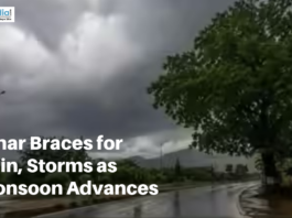 Dark monsoon clouds loom over a rain-soaked road in Bihar as the advancing monsoon brings thunderstorms, heavy rainfall, and changing weather conditions across the state.