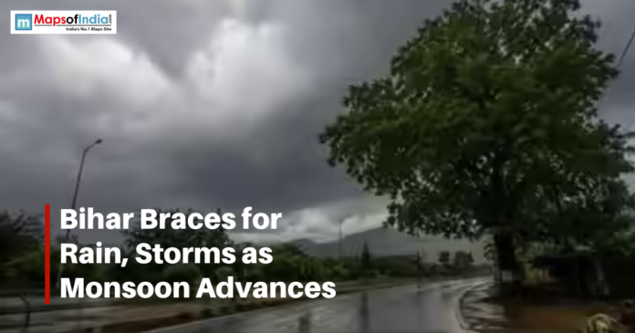 Dark monsoon clouds loom over a rain-soaked road in Bihar as the advancing monsoon brings thunderstorms, heavy rainfall, and changing weather conditions across the state.