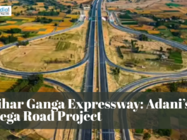 Aerial view of the proposed Bihar Ganga Expressway, showcasing a large highway interchange and road infrastructure across agricultural land.