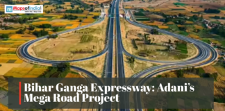 Bihar Ganga Expressway: Adani’s Mega Road Project Aerial view of the proposed Bihar Ganga Expressway, showcasing a large highway interchange and road infrastructure across agricultural land.