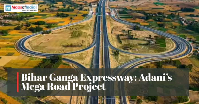 Aerial view of the proposed Bihar Ganga Expressway, showcasing a large highway interchange and road infrastructure across agricultural land.