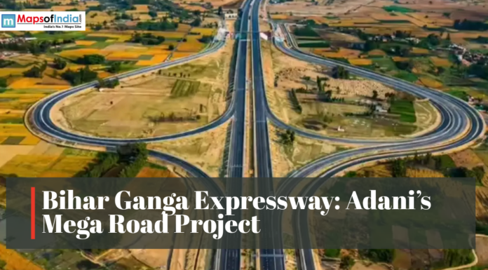 Bihar Ganga Expressway: Adani’s Mega Road Project Aerial view of the proposed Bihar Ganga Expressway, showcasing a large highway interchange and road infrastructure across agricultural land.