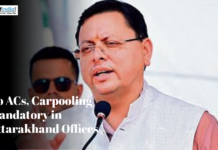 No ACs, Carpooling Mandatory in Uttarakhand Offices Uttarakhand Chief Minister addressing a gathering, with text overlay reading “No ACs, Carpooling Mandatory in Uttarakhand Offices.”