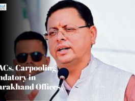 Uttarakhand Chief Minister addressing a gathering, with text overlay reading “No ACs, Carpooling Mandatory in Uttarakhand Offices.”