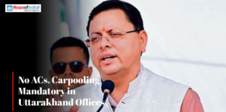 No ACs, Carpooling Mandatory in Uttarakhand Offices Uttarakhand Chief Minister addressing a gathering, with text overlay reading “No ACs, Carpooling Mandatory in Uttarakhand Offices.”