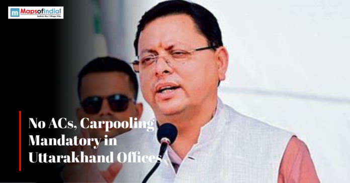 Carpooling Uttarakhand Chief Minister addressing a gathering, with text overlay reading “No ACs, Carpooling Mandatory in Uttarakhand Offices.”