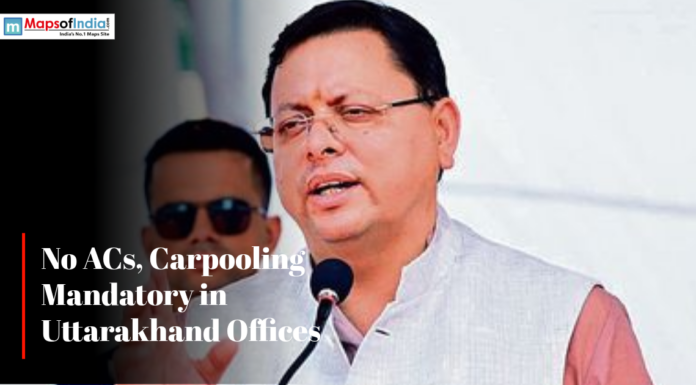 No ACs, Carpooling Mandatory in Uttarakhand Offices Uttarakhand Chief Minister addressing a gathering, with text overlay reading “No ACs, Carpooling Mandatory in Uttarakhand Offices.”