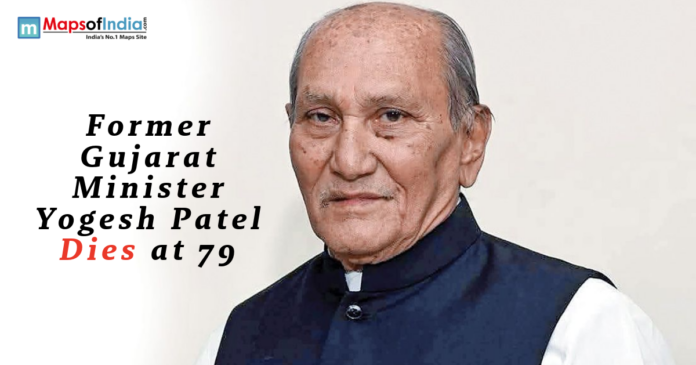 Former Gujarat minister Yogesh Patel in a formal portrait image, with text announcing his death at the age of 79.