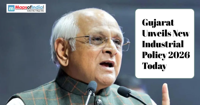 Gujarat government unveils New Industrial Policy 2026 announcement with CM addressing the event.