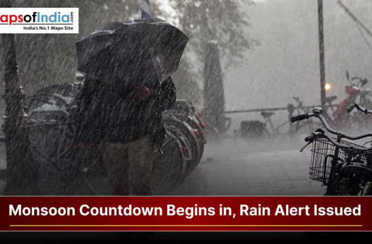 Heavy rainfall during monsoon season with a rain alert warning and people using umbrellas on a city street.