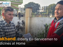 Elderly ex-serviceman receives a medicine package at his doorstep under a home delivery healthcare initiative in Uttarakhand.