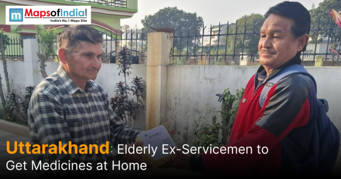 Elderly ex-serviceman receives a medicine package at his doorstep under a home delivery healthcare initiative in Uttarakhand.
