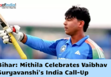 Bihar: Mithila Celebrates Vaibhav Suryavanshi’s India Call-Up Young Indian cricketer Vaibhav Suryavanshi raises his bat in celebration, with a headline highlighting Mithila's celebration of his India team call-up.