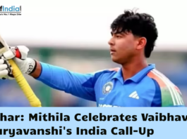 Young Indian cricketer Vaibhav Suryavanshi raises his bat in celebration, with a headline highlighting Mithila's celebration of his India team call-up.