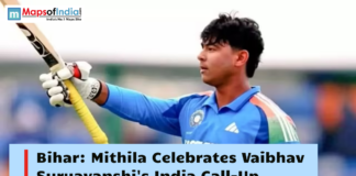 Bihar: Mithila Celebrates Vaibhav Suryavanshi’s India Call-Up Young Indian cricketer Vaibhav Suryavanshi raises his bat in celebration, with a headline highlighting Mithila's celebration of his India team call-up.