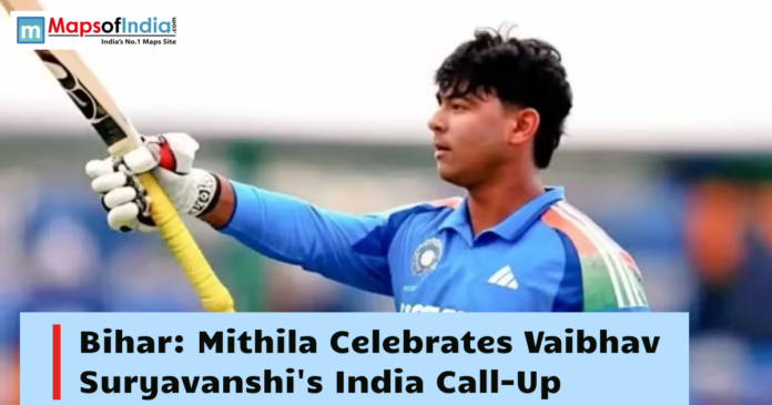 Young Indian cricketer Vaibhav Suryavanshi raises his bat in celebration, with a headline highlighting Mithila's celebration of his India team call-up.